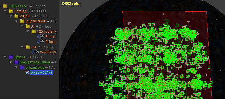 A screen shot with many selected points, highlighted in green, on the right side.  On the left side, an tree display with many branches folded in.  On a folded-out branch, there is “DASCH SIAP2“ highlighted.  On the right side, there is a large rectangle overplotted in red.