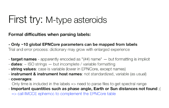 A presentation slide with bullet points complaining about missing metadata, inconsistent metadata, and other unpleasantries.