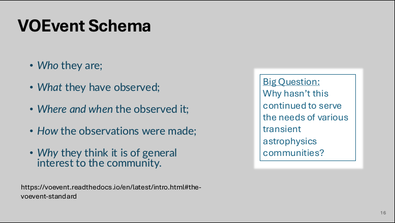 A talk slide, with highlighted text: “Big Question: Why hasn't this [VOEvent] continued to serve the needs of various transient astrophysics communities?”