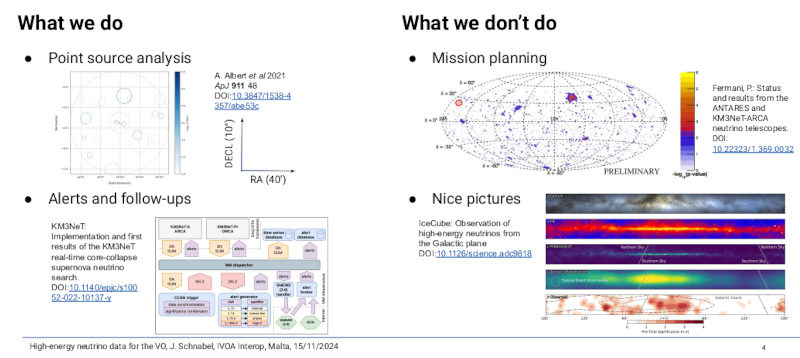 Screenshot of a slide: “What we do: Point source analysis, Alerts and follow-ups; What we don't do: Mission planning, Nice pictures.”